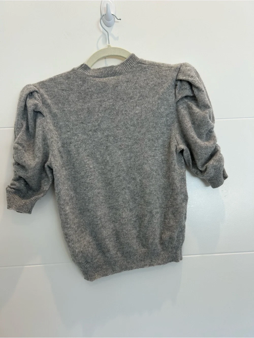 Frame Frankie 100% Cashmere Ruched Puff Sleeve Sweater Gray Short Sleeve Small
